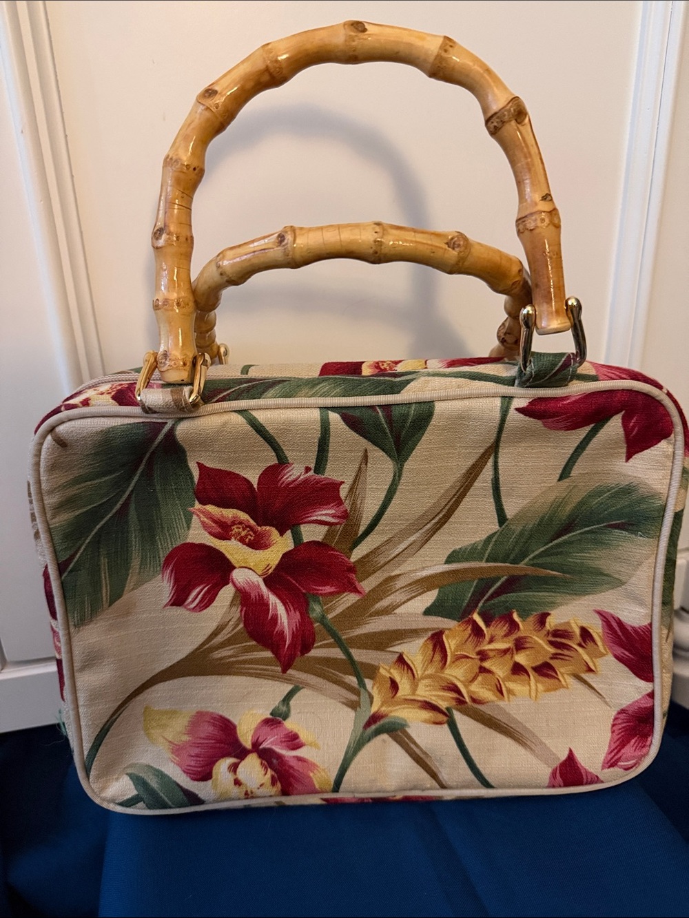Floral Canvas Toiletries Bag with Bamboo Handles - Cream & Red